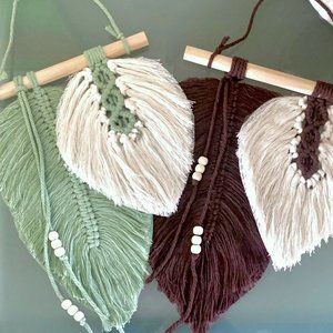 Boho Macrame Sage Green Brown Beige 2 Leaf Leaves Beaded Wall Accent Hanging New